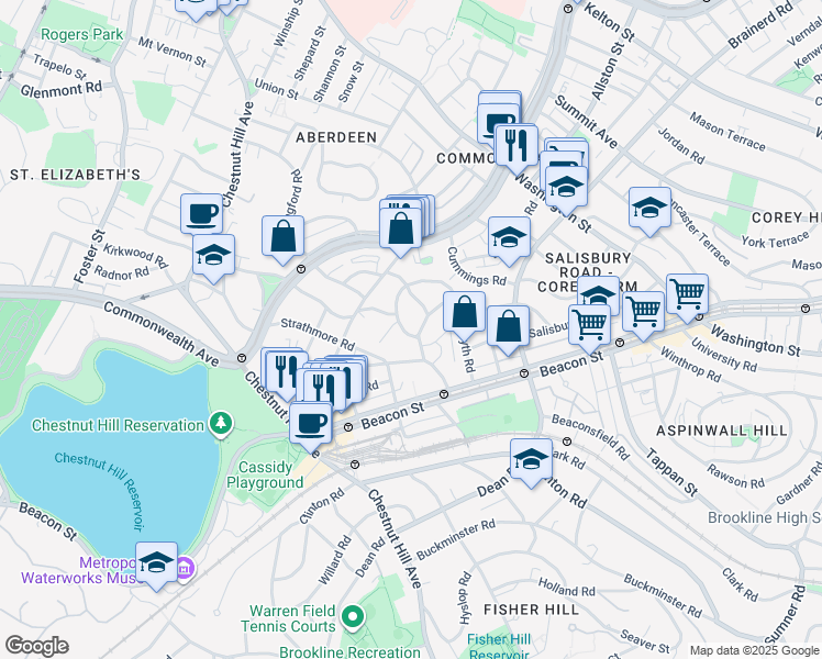 map of restaurants, bars, coffee shops, grocery stores, and more near 16 Lanark Road in Boston