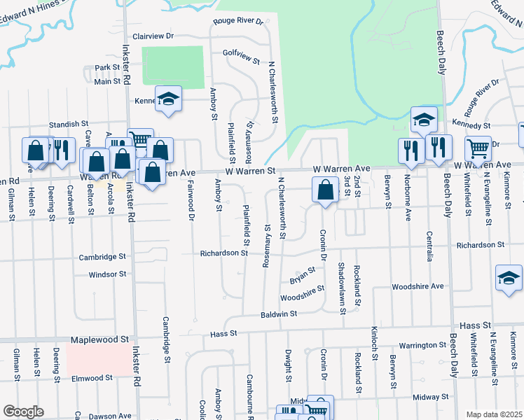 map of restaurants, bars, coffee shops, grocery stores, and more near 6951 Rosemary Street in Dearborn Heights