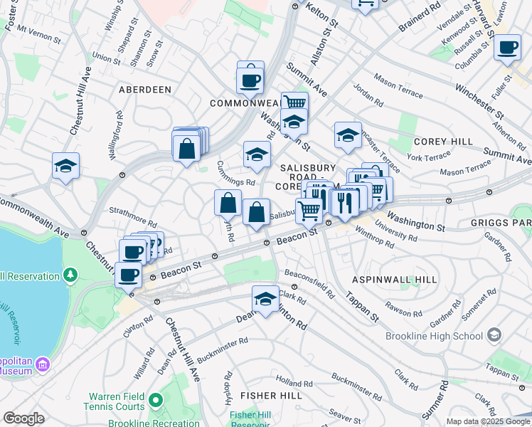 map of restaurants, bars, coffee shops, grocery stores, and more near 121 Salisbury Road in Brookline