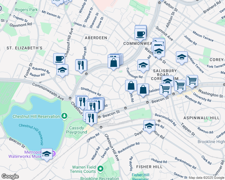 map of restaurants, bars, coffee shops, grocery stores, and more near 16 Lanark Road in Boston