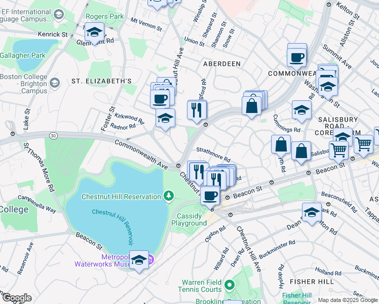 map of restaurants, bars, coffee shops, grocery stores, and more near 1848 Commonwealth Avenue in Boston