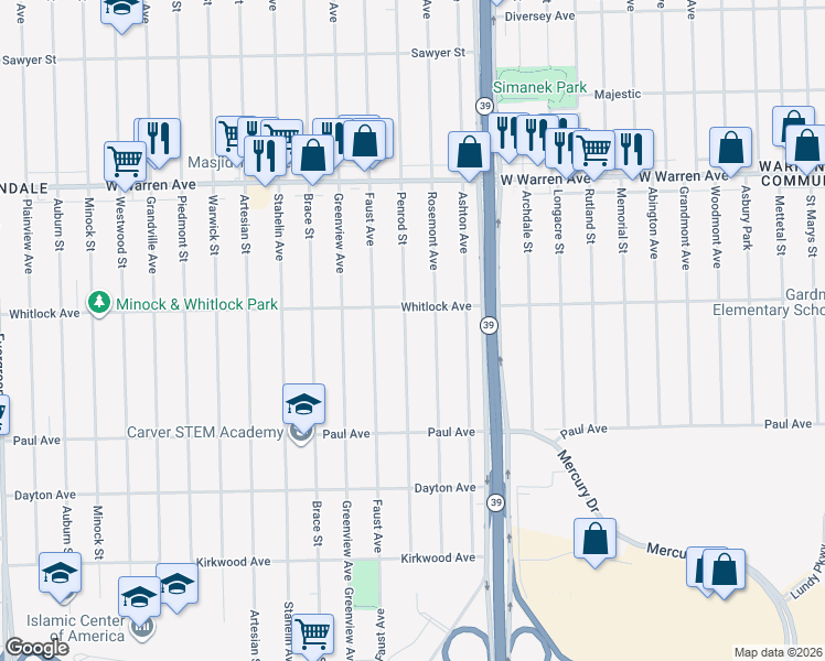 map of restaurants, bars, coffee shops, grocery stores, and more near 6507 Rosemont Avenue in Detroit