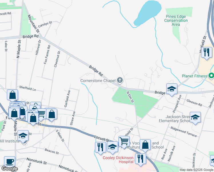map of restaurants, bars, coffee shops, grocery stores, and more near 575 Bridge Road in Northampton