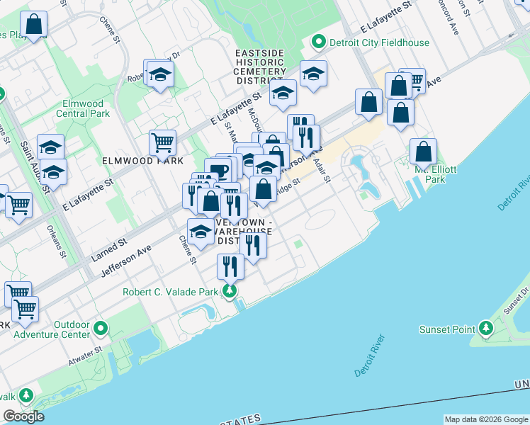 map of restaurants, bars, coffee shops, grocery stores, and more near 2987 Franklin Street in Detroit