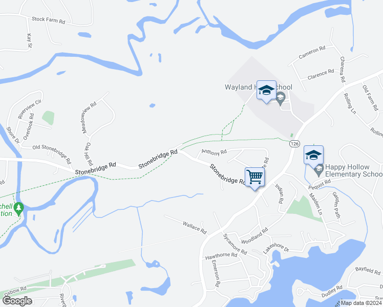 map of restaurants, bars, coffee shops, grocery stores, and more near 75 Stonebridge Road in Wayland
