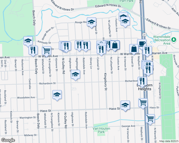map of restaurants, bars, coffee shops, grocery stores, and more near 6907 Silvery Lane in Dearborn Heights