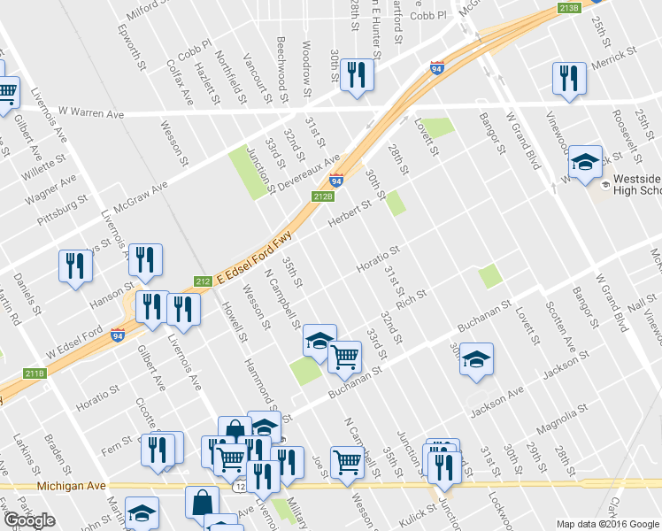 map of restaurants, bars, coffee shops, grocery stores, and more near 4939 33rd Street in Detroit