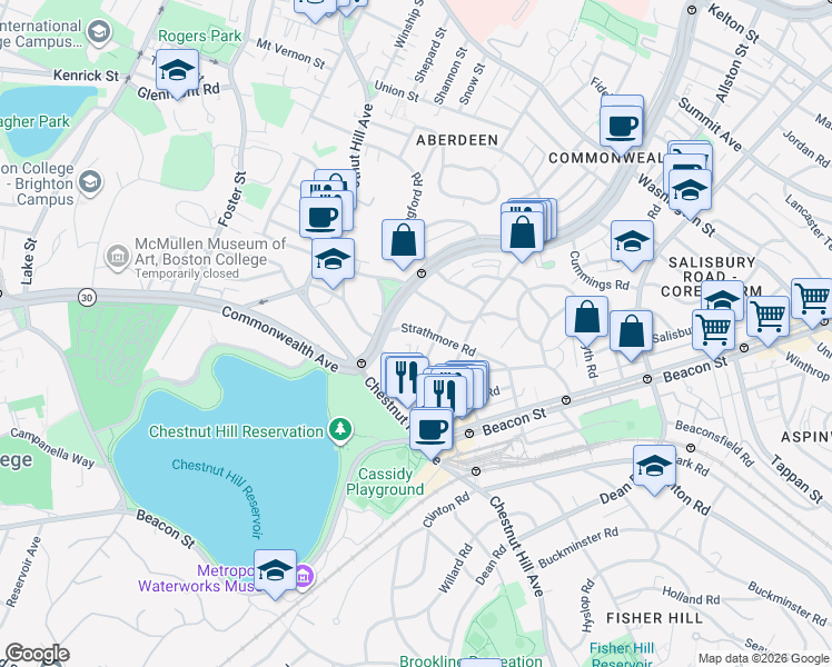 map of restaurants, bars, coffee shops, grocery stores, and more near 104 Strathmore Road in Boston