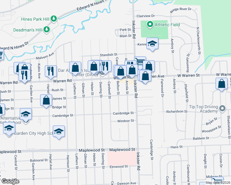 map of restaurants, bars, coffee shops, grocery stores, and more near 7016 Belton Street in Garden City