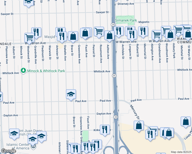 map of restaurants, bars, coffee shops, grocery stores, and more near 6508 Penrod Street in Detroit