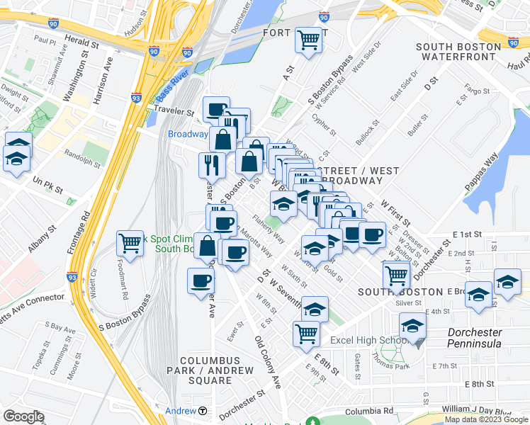 map of restaurants, bars, coffee shops, grocery stores, and more near 23 Saint Casimir Street in Boston