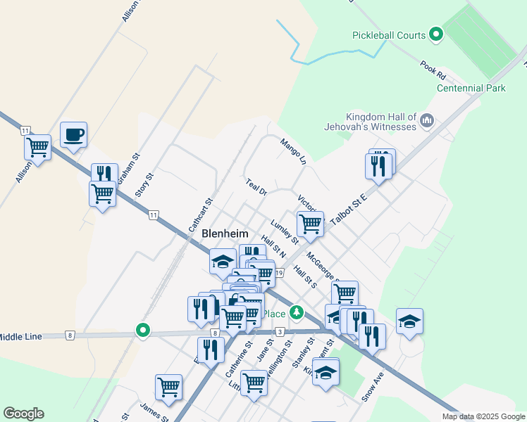 map of restaurants, bars, coffee shops, grocery stores, and more near 71 Lumley Street in Blenheim