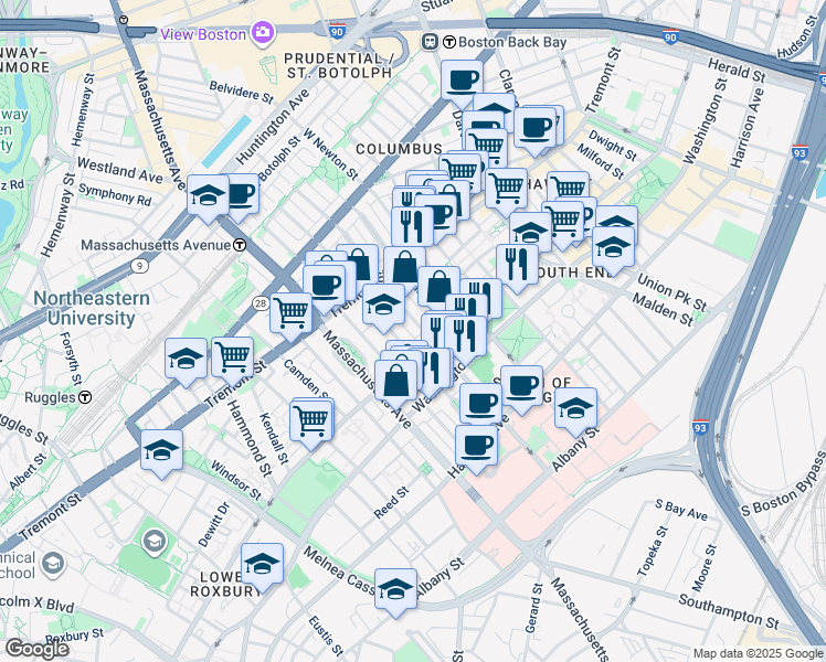 map of restaurants, bars, coffee shops, grocery stores, and more near 97 West Concord Street in Boston