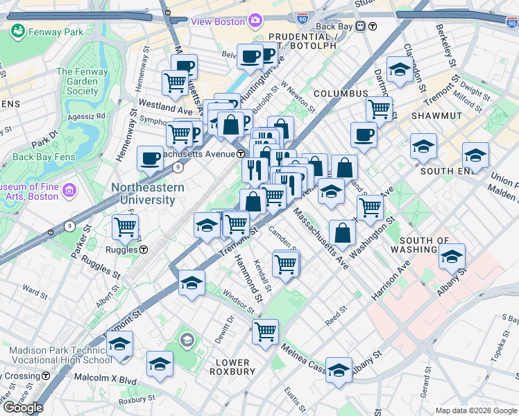 map of restaurants, bars, coffee shops, grocery stores, and more near 791 Tremont Street in Boston