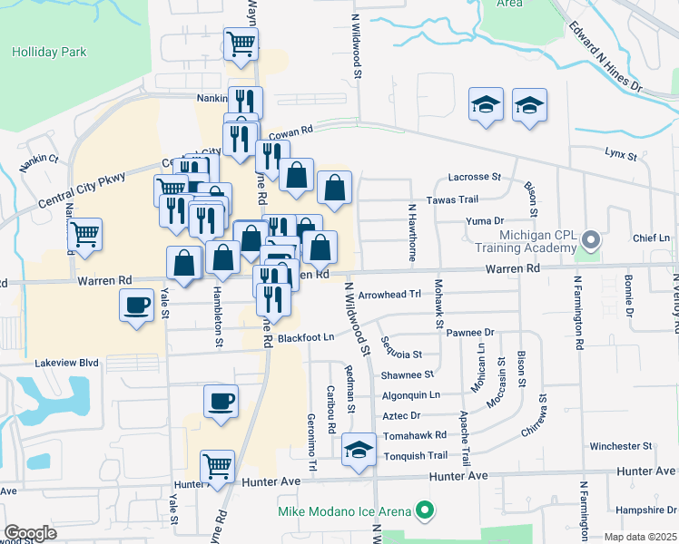 map of restaurants, bars, coffee shops, grocery stores, and more near 35107 Warren Road in Westland