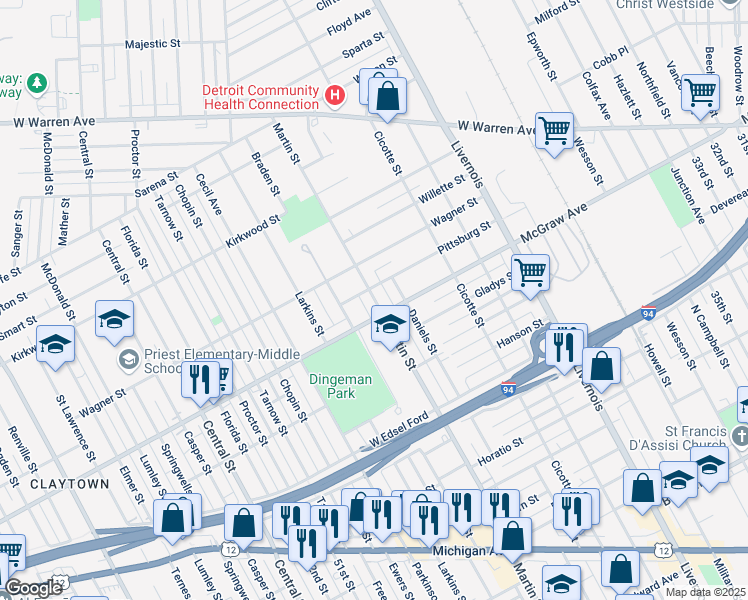 map of restaurants, bars, coffee shops, grocery stores, and more near 5633 Martin Street in Detroit