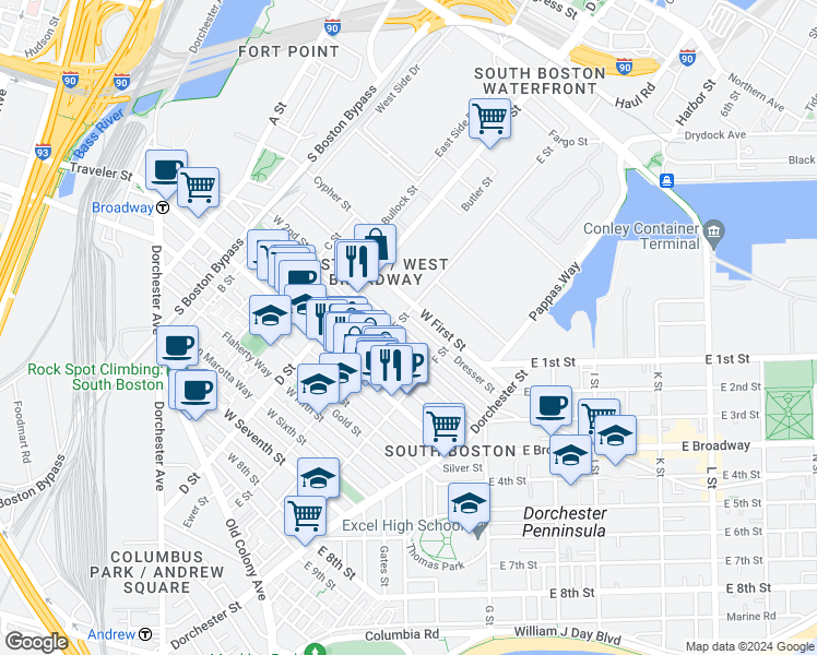 map of restaurants, bars, coffee shops, grocery stores, and more near 320 West 2nd Street in Boston