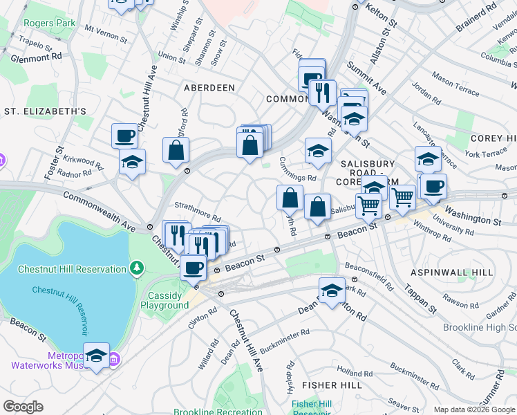 map of restaurants, bars, coffee shops, grocery stores, and more near 20 Lanark Road in Boston