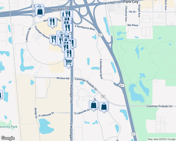 map of restaurants, bars, coffee shops, grocery stores, and more near 3670 Casimer Pulaski Drive in Waukegan