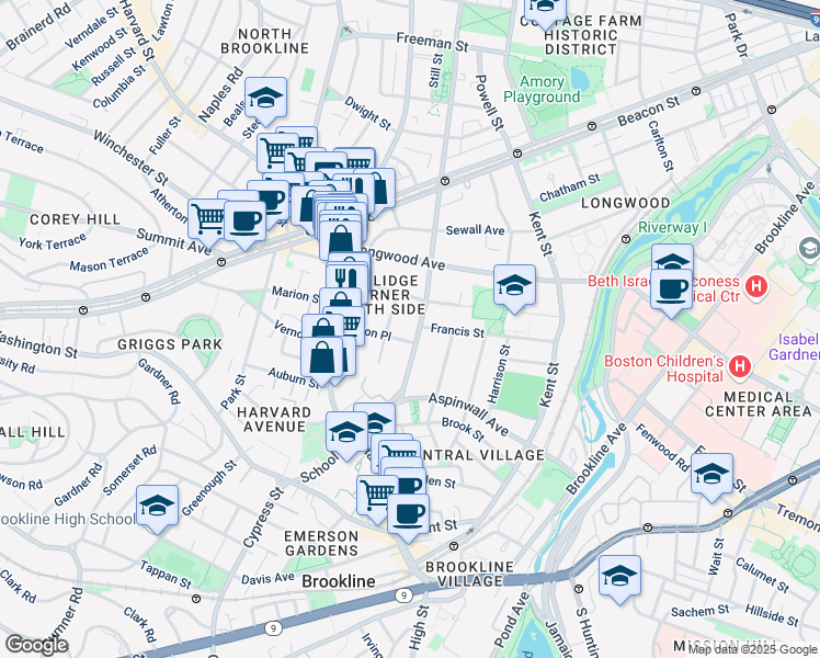 map of restaurants, bars, coffee shops, grocery stores, and more near 70 Saint Paul Street in Brookline