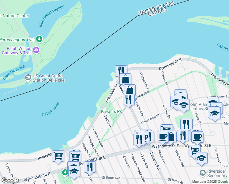 map of restaurants, bars, coffee shops, grocery stores, and more near 7815 Riverside Drive East in Windsor