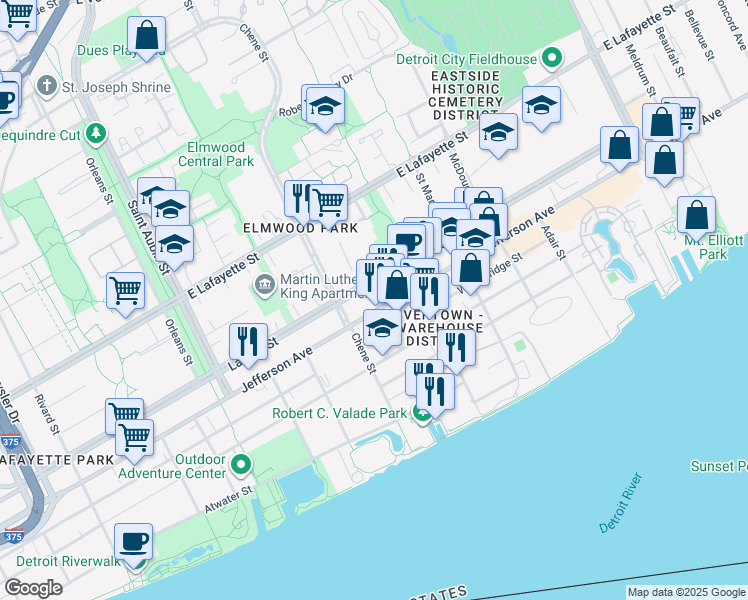 map of restaurants, bars, coffee shops, grocery stores, and more near 2681 East Jefferson Avenue in Detroit