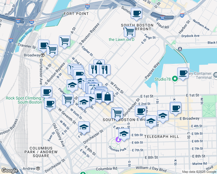 map of restaurants, bars, coffee shops, grocery stores, and more near 320 West 2nd Street in Boston