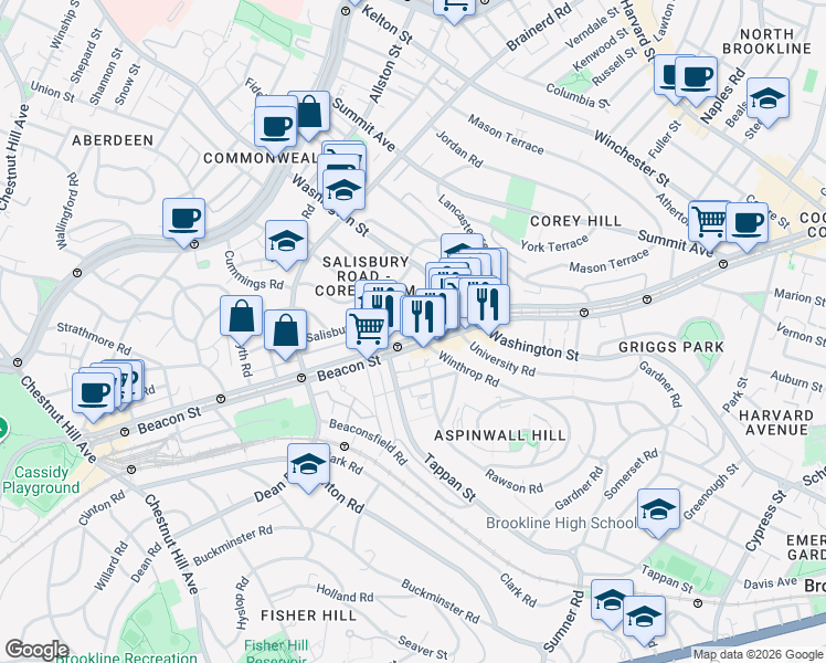 map of restaurants, bars, coffee shops, grocery stores, and more near 1676 Beacon Street in Brookline