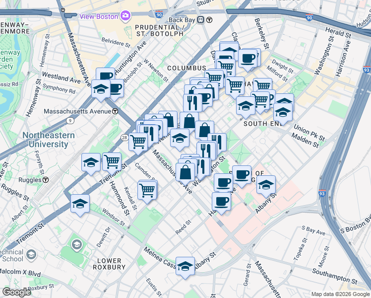 map of restaurants, bars, coffee shops, grocery stores, and more near 59 Worcester Street in Boston