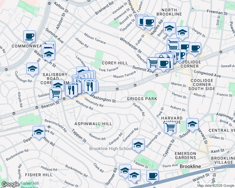 map of restaurants, bars, coffee shops, grocery stores, and more near in Brookline