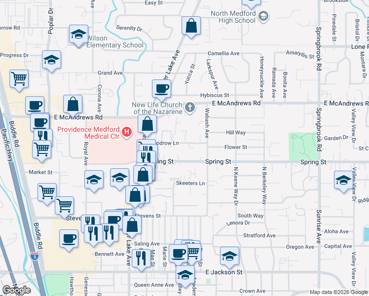 map of restaurants, bars, coffee shops, grocery stores, and more near 1164 Woodrow Lane in Medford