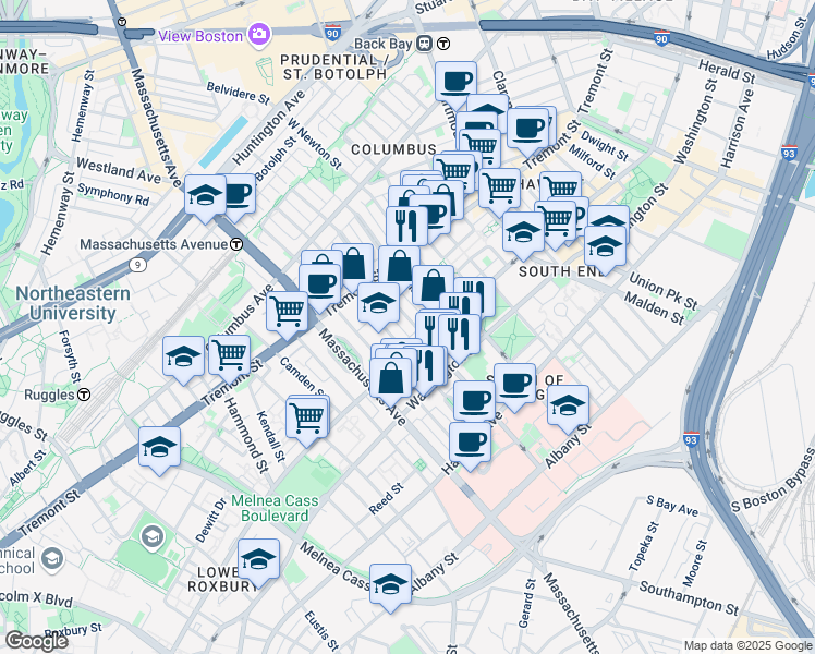 map of restaurants, bars, coffee shops, grocery stores, and more near 97 West Concord Street in Boston
