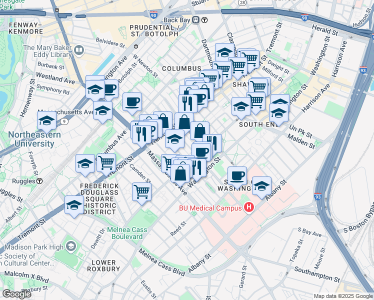 map of restaurants, bars, coffee shops, grocery stores, and more near 57 Worcester Street in Boston