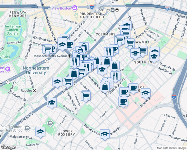 map of restaurants, bars, coffee shops, grocery stores, and more near in Boston