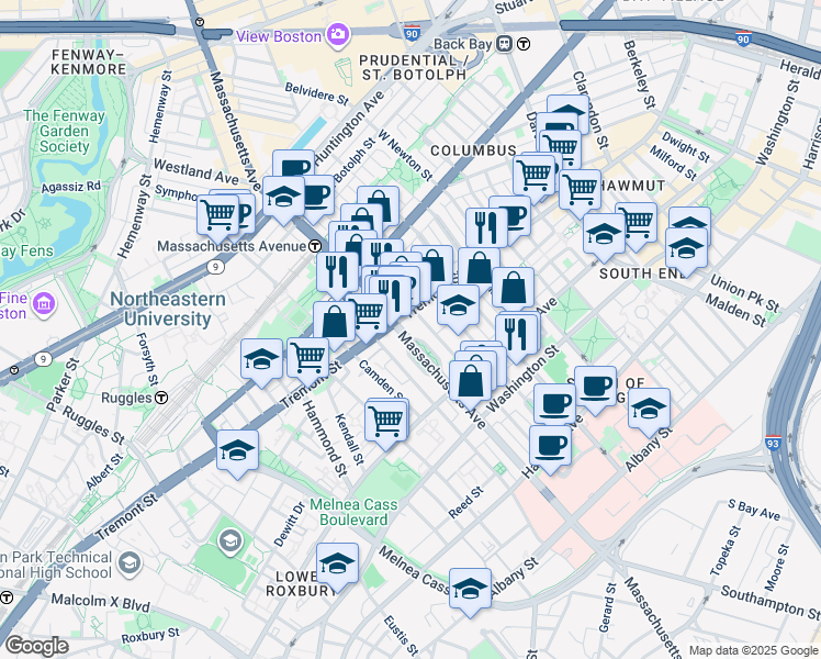 map of restaurants, bars, coffee shops, grocery stores, and more near in Boston