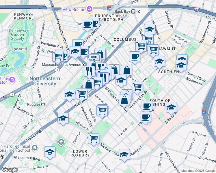 map of restaurants, bars, coffee shops, grocery stores, and more near in Boston