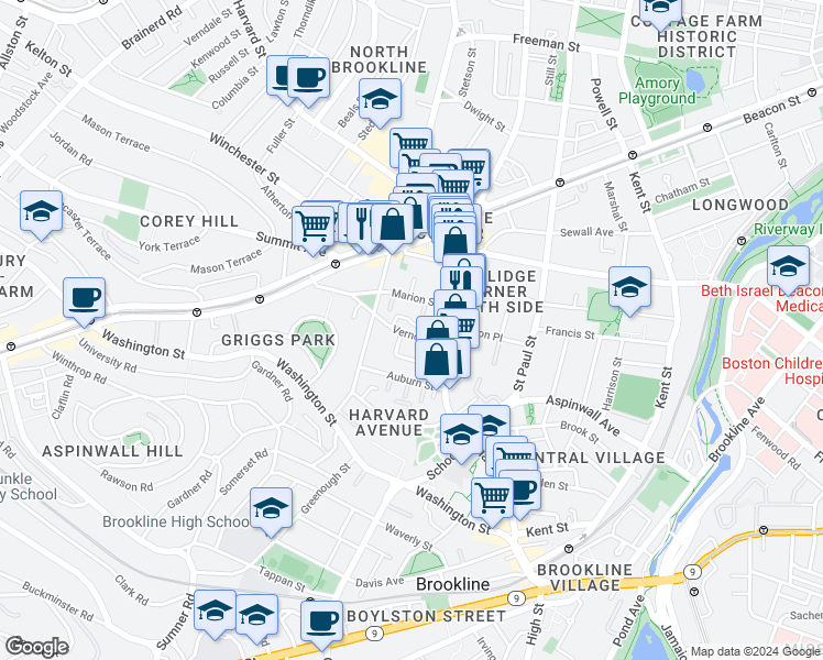 map of restaurants, bars, coffee shops, grocery stores, and more near 27 Vernon Street in Brookline