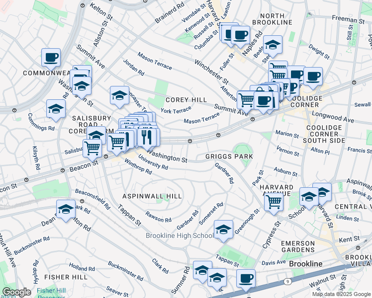 map of restaurants, bars, coffee shops, grocery stores, and more near in Brookline