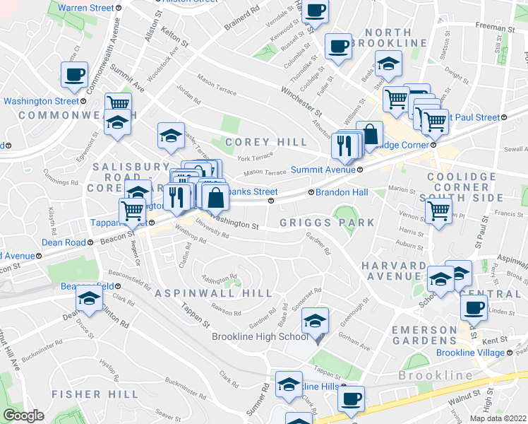 map of restaurants, bars, coffee shops, grocery stores, and more near in Brookline
