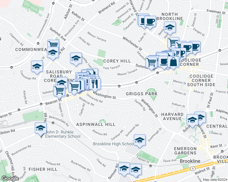 map of restaurants, bars, coffee shops, grocery stores, and more near in Brookline