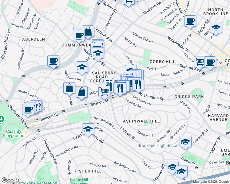 map of restaurants, bars, coffee shops, grocery stores, and more near 1674 Beacon Street in Brookline