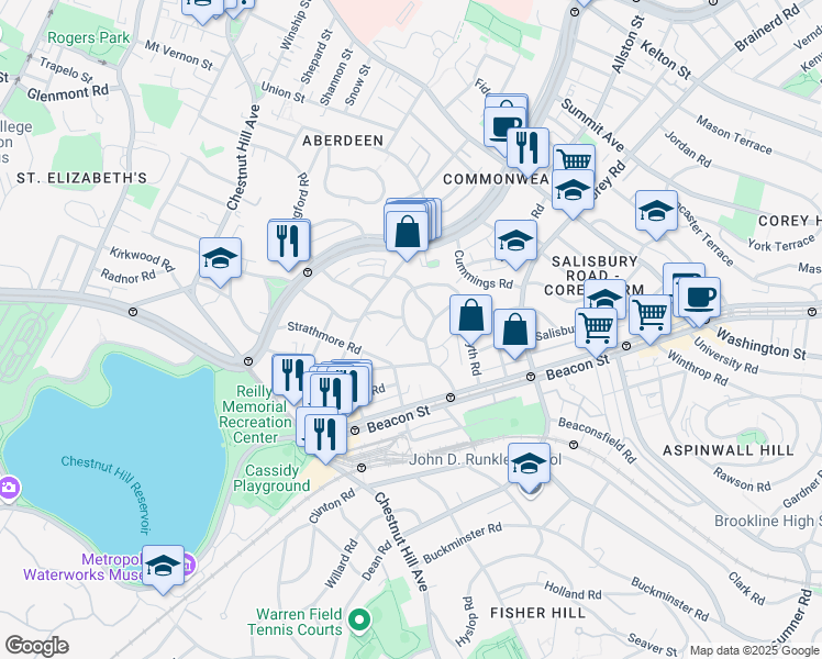 map of restaurants, bars, coffee shops, grocery stores, and more near 16 Lanark Road in Boston