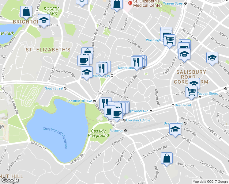 map of restaurants, bars, coffee shops, grocery stores, and more near 104 Strathmore Road in Boston