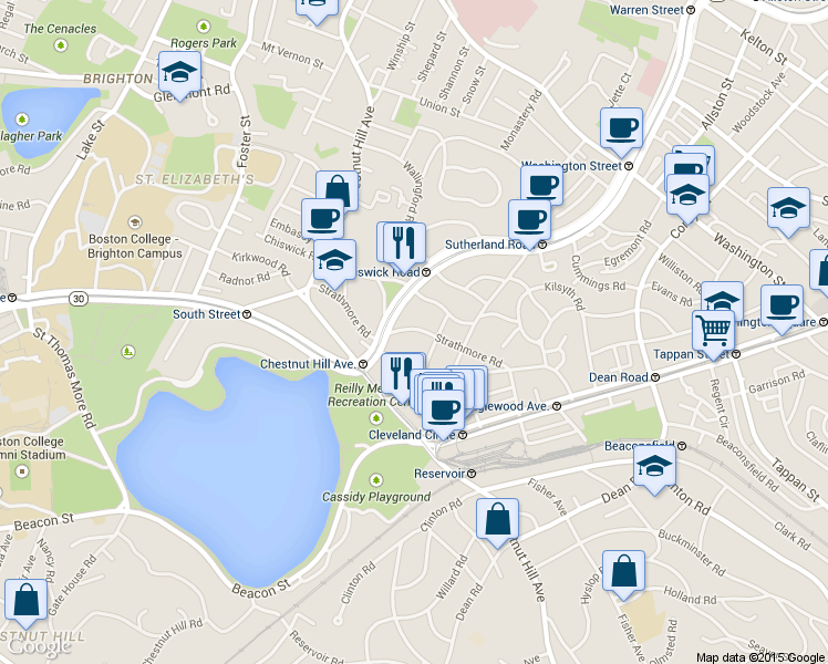 map of restaurants, bars, coffee shops, grocery stores, and more near 104 Strathmore Road in Boston