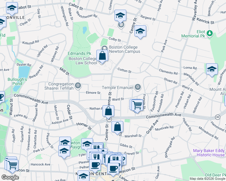 map of restaurants, bars, coffee shops, grocery stores, and more near 971 Centre Street in Newton