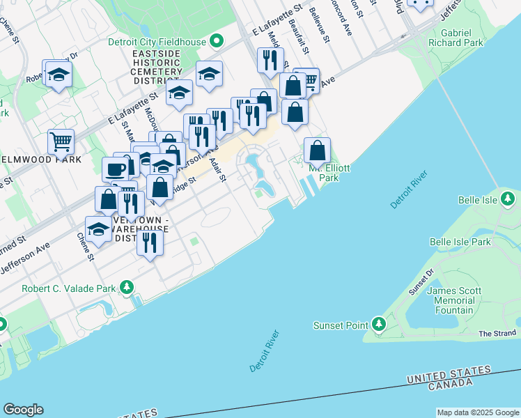 map of restaurants, bars, coffee shops, grocery stores, and more near Detroit Riverwalk in Detroit