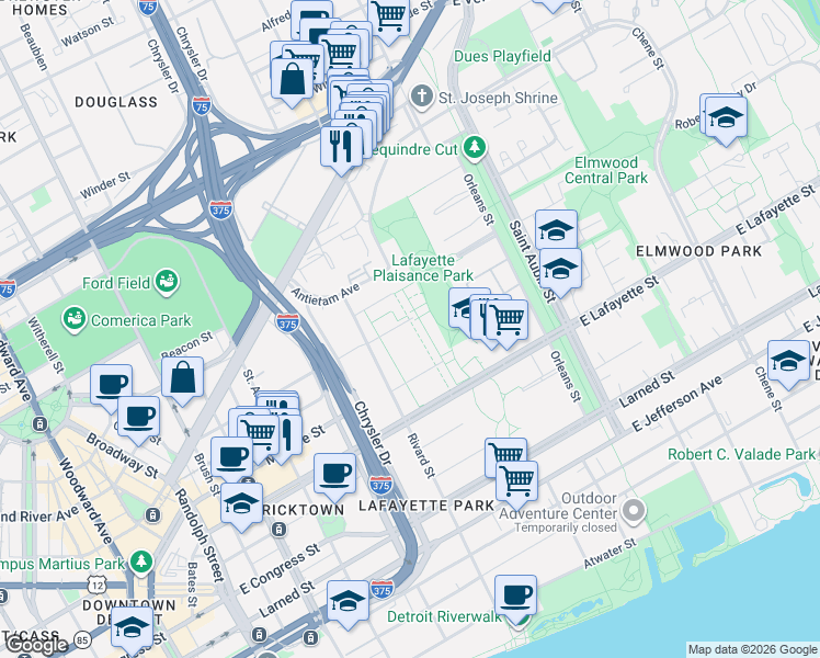 map of restaurants, bars, coffee shops, grocery stores, and more near 1362 Nicolet Place in Detroit
