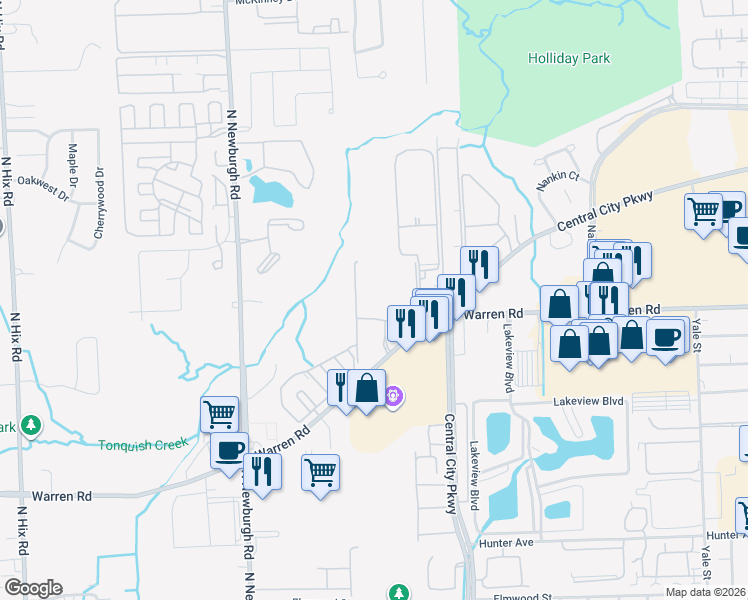 map of restaurants, bars, coffee shops, grocery stores, and more near 7341 Wilderness Park Drive in Westland