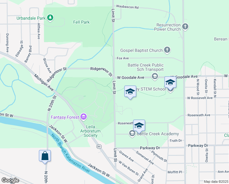 map of restaurants, bars, coffee shops, grocery stores, and more near 176 Limit Street in Battle Creek