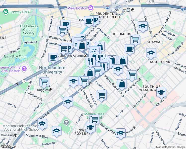 map of restaurants, bars, coffee shops, grocery stores, and more near 268-272 Northampton Street in Boston